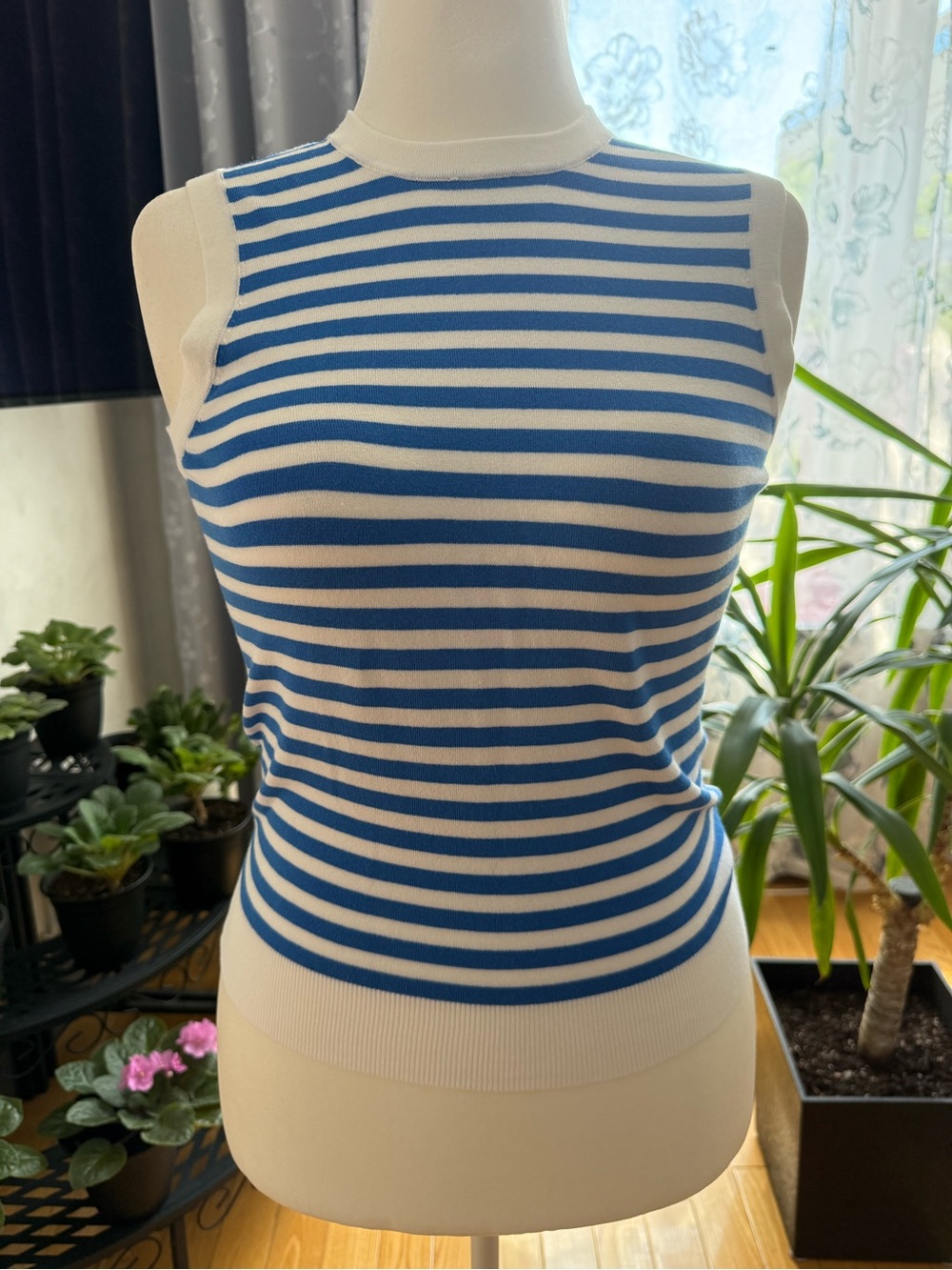 Zara White & Blue Striped Knit Tank